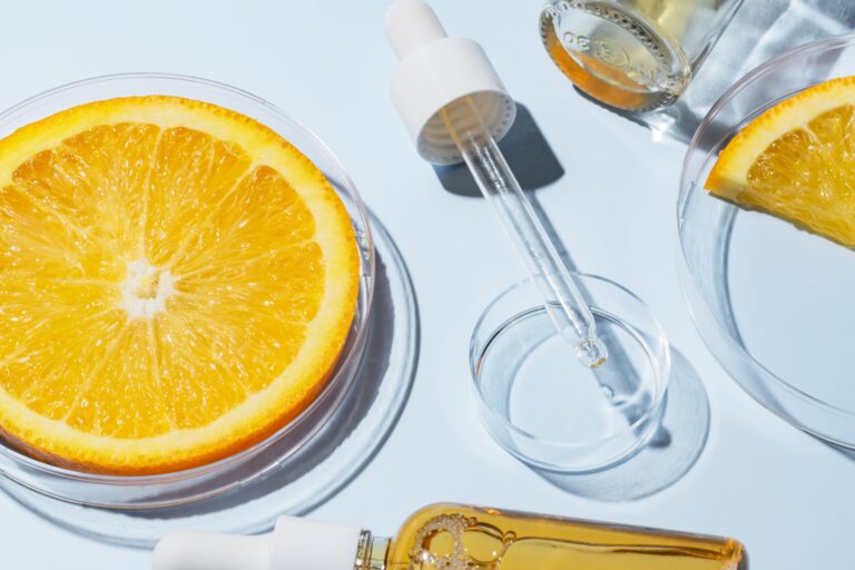 Cosmetic,Laboratory,Experiment,And,Research,With,Orange,And,Ingredient,For